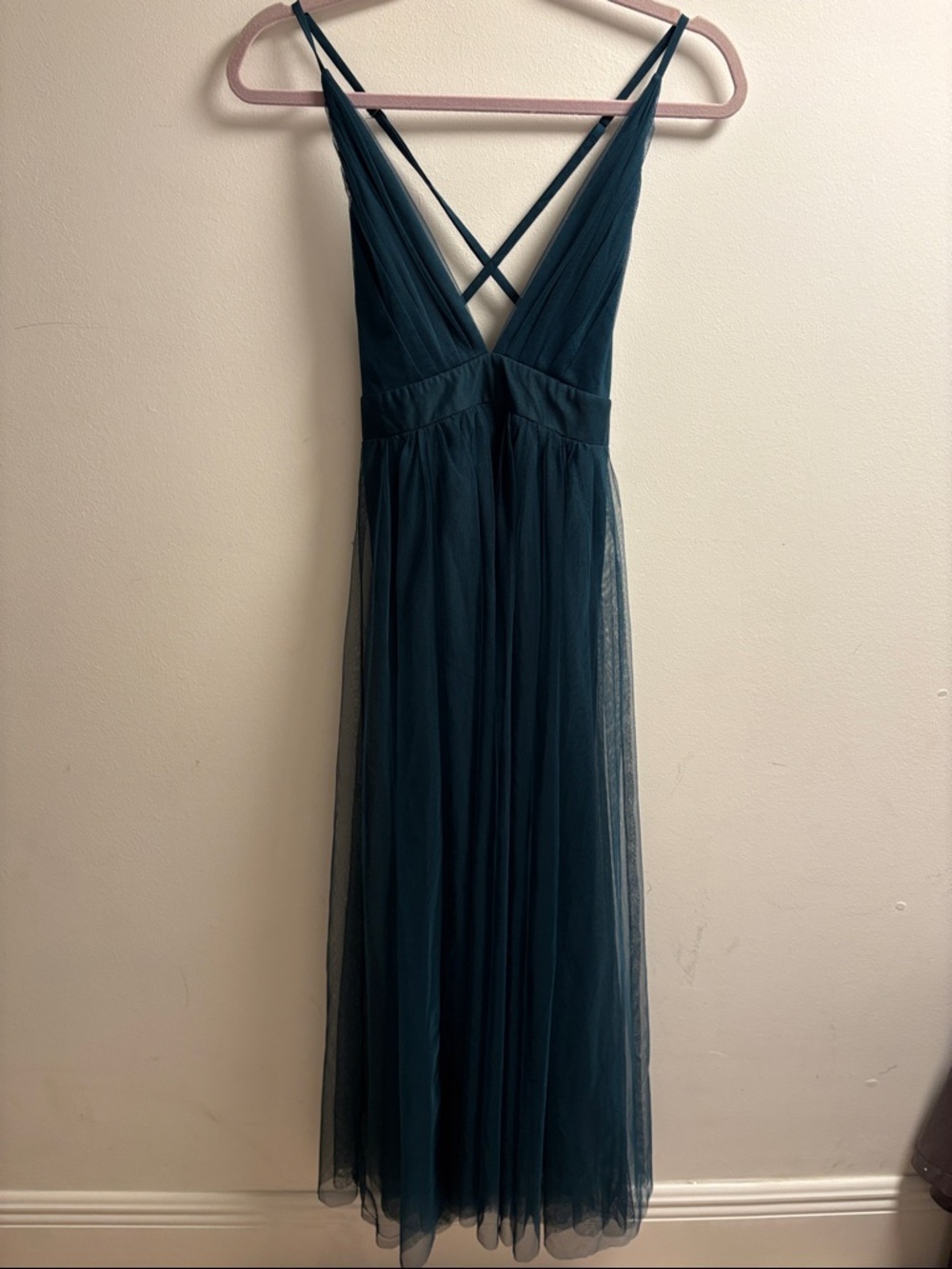 Deep Teal Crisscross Spaghetti-Strap Maxi Tulle Dress
